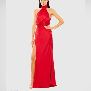 NWT Ieena for Mac Duggal Red Open Back Halter Neck Side Ruched Gown Size 2